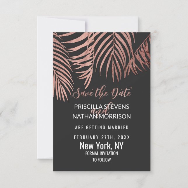 Save The Date Arbre de palmier rose Gold Frances Noir moderne (Devant)