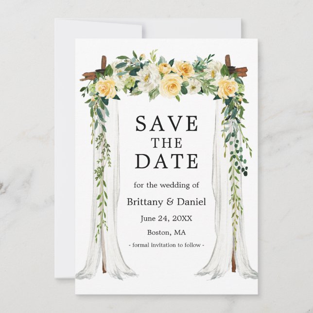 Save The Date Arc à canopée mariage Aquarelle Jaune Floral (Devant)