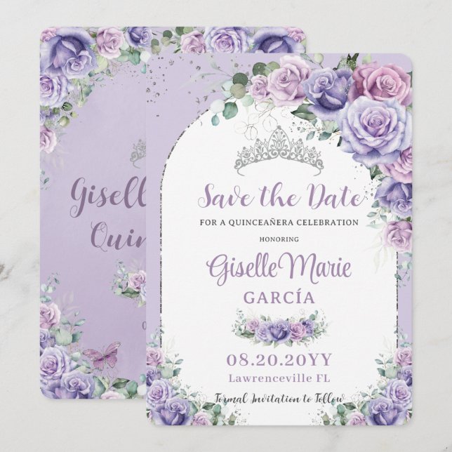 Save The Date Arc d'argent floral de couleur lilas pour Quinceañ (Devant / Derrière)
