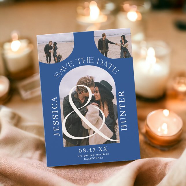 Save The Date Arc de bouho moderne 4 photos bleu mariage (Modern boho arch 4 photos wedding blue save the date)