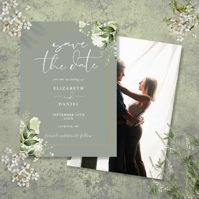 Save The Date Arc d'or verdoyant Photo Sage Mariage vert (Greenery Gold Arch Photo Sage Green Wedding Save The Date)