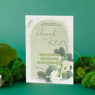 Save The Date Arc Élégant Vert Sauge & Fleurs Aquarelle Blanche
