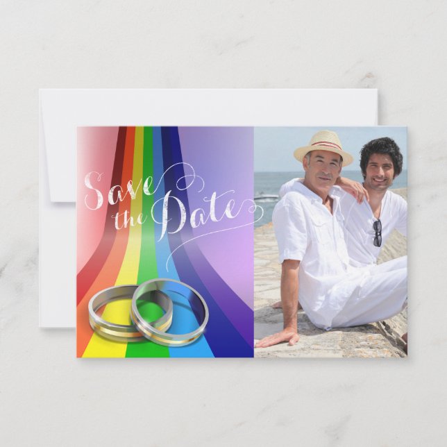 Save The Date Arc-en-ciel gris et anneaux Mariage Enregistrer la (Devant)