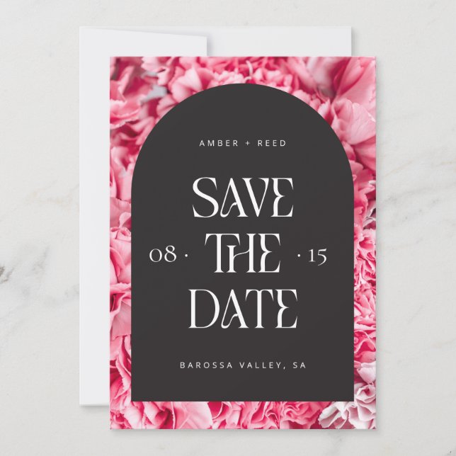 Save The Date Arc floral rose et noir Retro Police moderne (Devant)