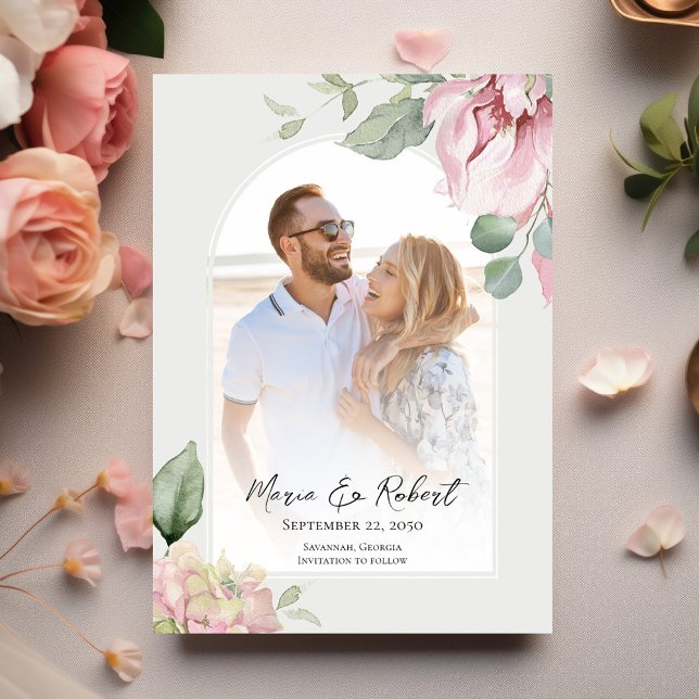 Save The Date Arc floral rose pâle Mariage élégant (Elegant calligraphy script blush pink wedding save the date photo card. )