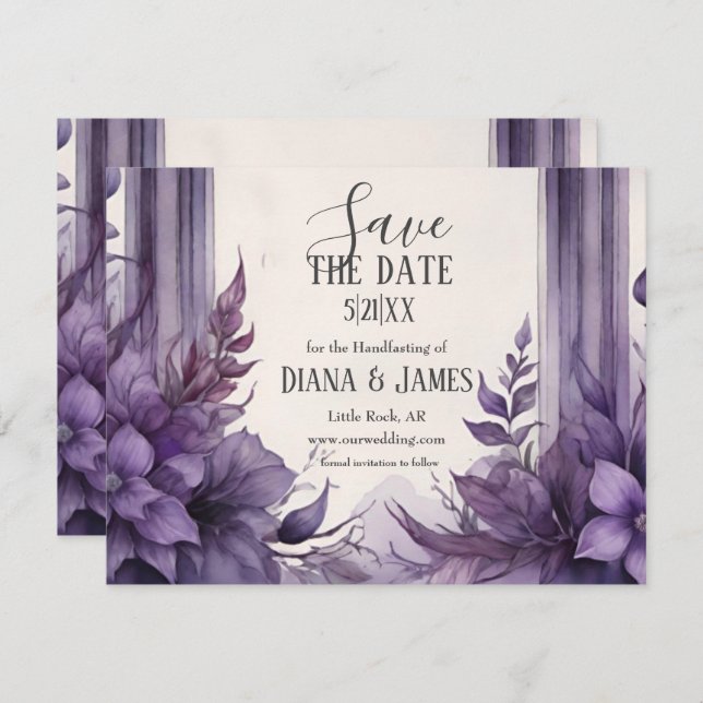 Save The Date Arc floral violet Pagan à la main (Devant / Derrière)