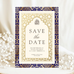 Save The Date Arc islamique bleu et ivoire pour mariage musulman
