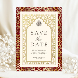 Save The Date Arc islamique rouge et ivoire pour mariage musulma