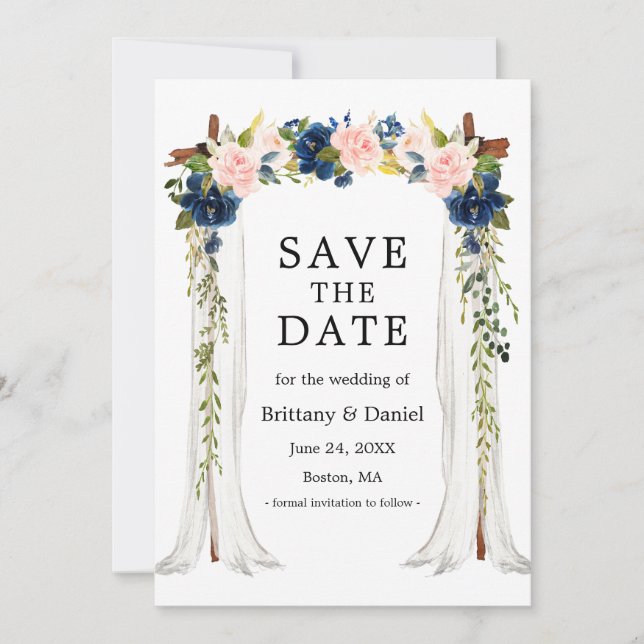 Save The Date Arc mariage à canopée Aquarelle bleu rose Floral (Devant)