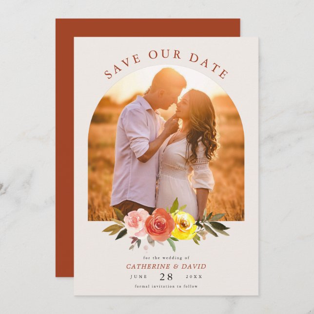Save The Date Arc Mariage photo Floral Floral Couple Automne (Devant / Derrière)