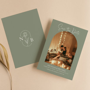 Save The Date Arc moderne Boho Photo Sage Vert Mariage Monogramm