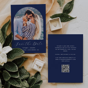 Save The Date Arc photo Boho minimal QR Code Marine Script bleu