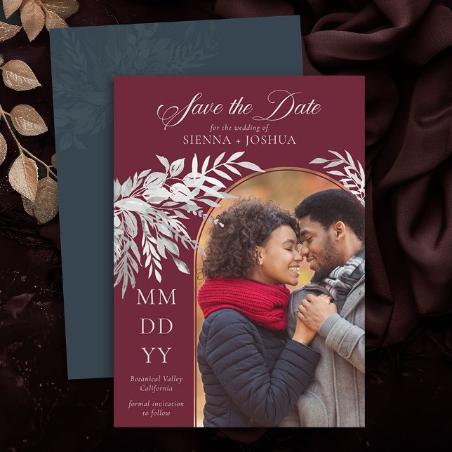 Save The Date Arc Photo Botanique Foliage Bourgogne Gris (Photo Save the Date Invite in Burgundy and Grey from the Foliage Duet Collection by Darling & May)