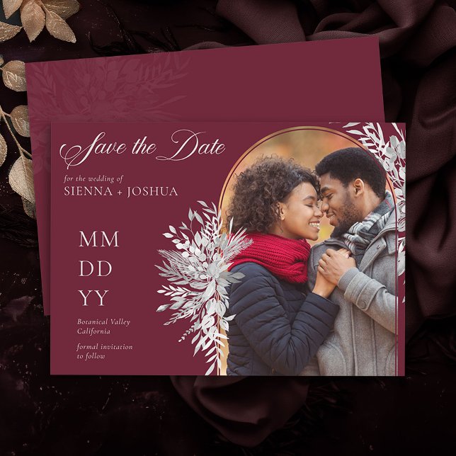 Save The Date Arc Photo Botanique Foliage Bourgogne Horizontal (Photo Save the Date Invite in Burgundy and Grey from the Foliage Duet Collection by Darling & May)