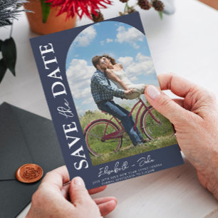 Save The Date Arc Photo Marine Bleu Élégant Moderne Enregistrer 