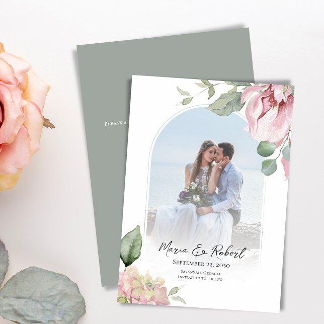 Save The Date Arc rose vif Mariage floral Élégant (Elegant wedding watercolor blush pink arch save the date photo card. )