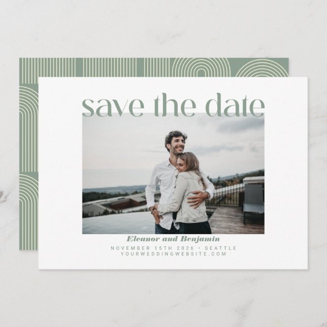 Save The Date Arch Line Art Sage Green Photo Mariage (Devant / Derrière)