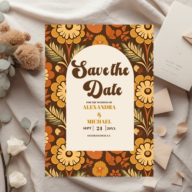 Save The Date Arch Moderne Rétro les années 70 Floral Mariage (Créateur téléchargé)