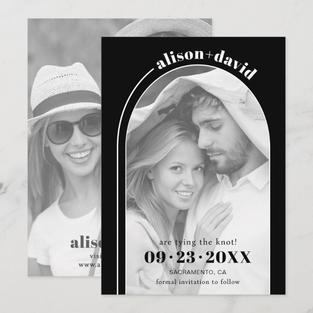 Save The Date Arche blanche moderne et photo mariage noir (Devant / Derrière)