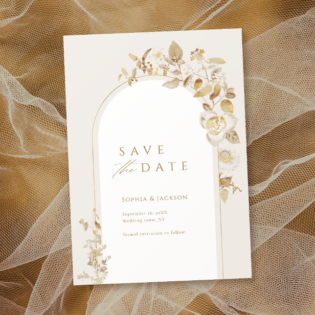 Save The Date Arche botanique en or élégant (Elegant Gold Botanical Floral Arch Save The Date)