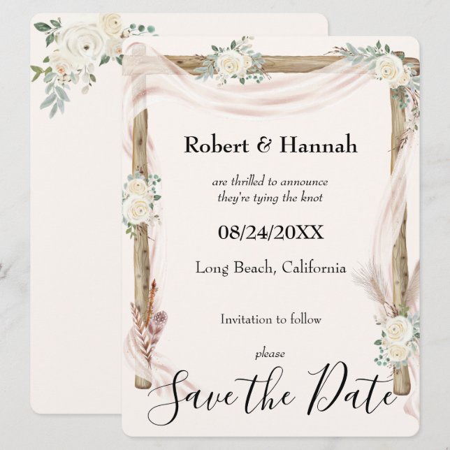 Save The Date Arche de mariage et roses crème or Épargnez la dat (Devant / Derrière)