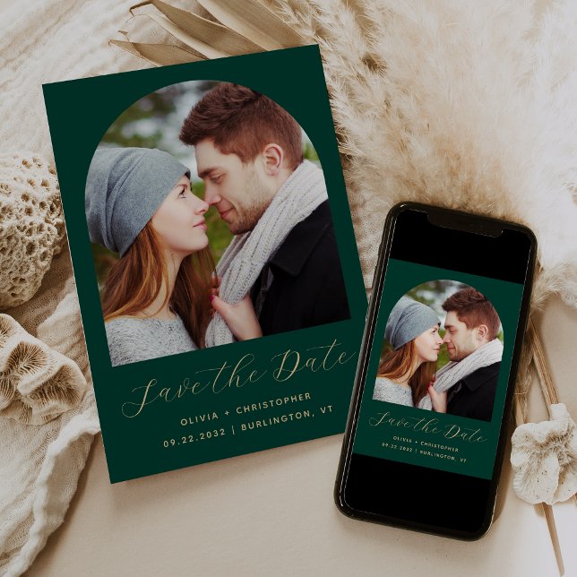 Save The Date Arche de photo Boho minimal Émeraude Vert Or Scrip (Créateur téléchargé)