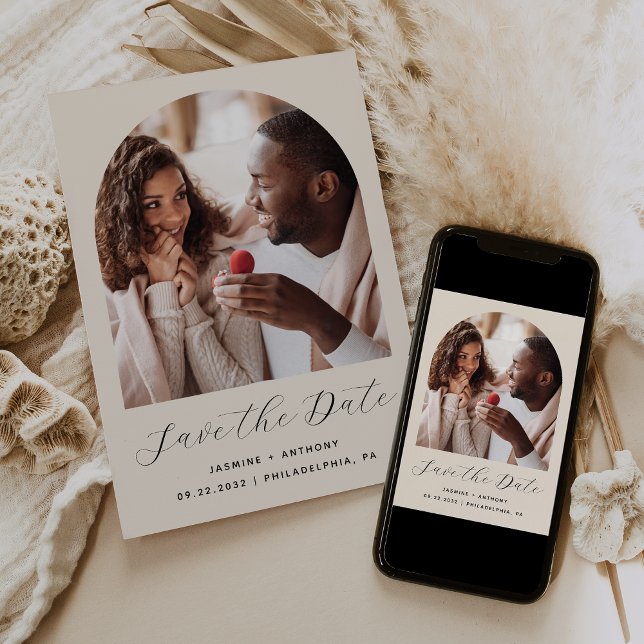 Save The Date Arche de photo Boho minimal script beige (Créateur téléchargé)