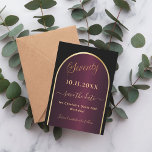Save The Date Arche d'or bordeaux noir 70e anniversaire<br><div class="desc">Une carte Save the Date pour une fête de 70e anniversaire. Un arrière - plan noir et bordeaux, décoré d'un faux arc doré. Personnalisez et ajoutez une date et votre nom. Le texte : Soixante-dix et Enregistrer la Date est écrit avec un grand script de style à la main tendance....</div>