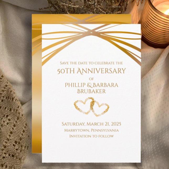 Save The Date Arche élégante Or 50e anniversaire Enregistrer la  (Custom Unique Elegant Save the Date Card for Golden 50th Wedding Anniversary Party Hearts Invitation)