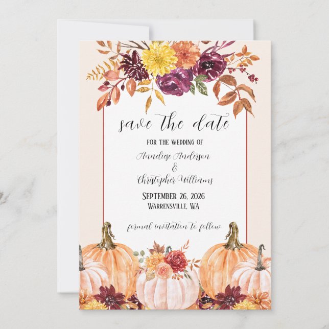 Save The Date Arche florale aquarelle de style rustique d'automn (Devant)