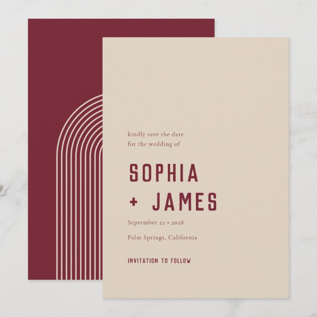 Save The Date Arche géométrique Boho moderne Mariage rouge foncé (Devant / Derrière)