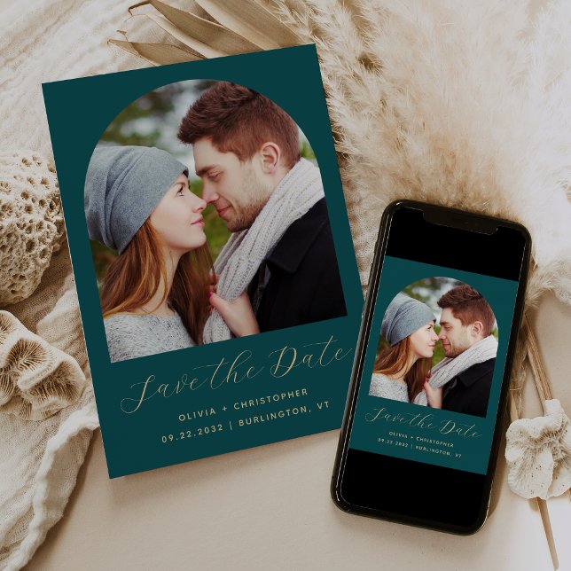 Save The Date Arche photo Boho minime Turquoise Bleu Gold Script (Créateur téléchargé)