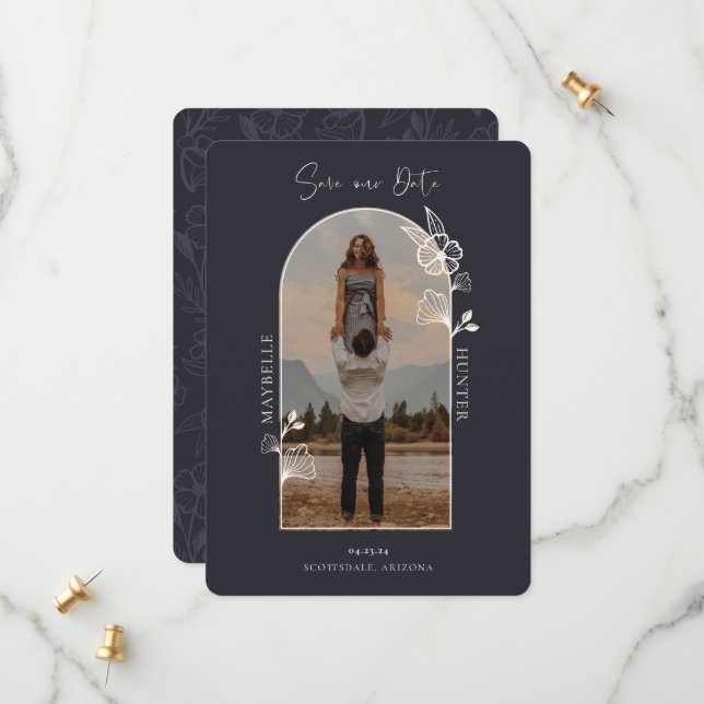 Save The Date Arche photo florale Boho moderne Rose noir (Devant/Arrière en situation)