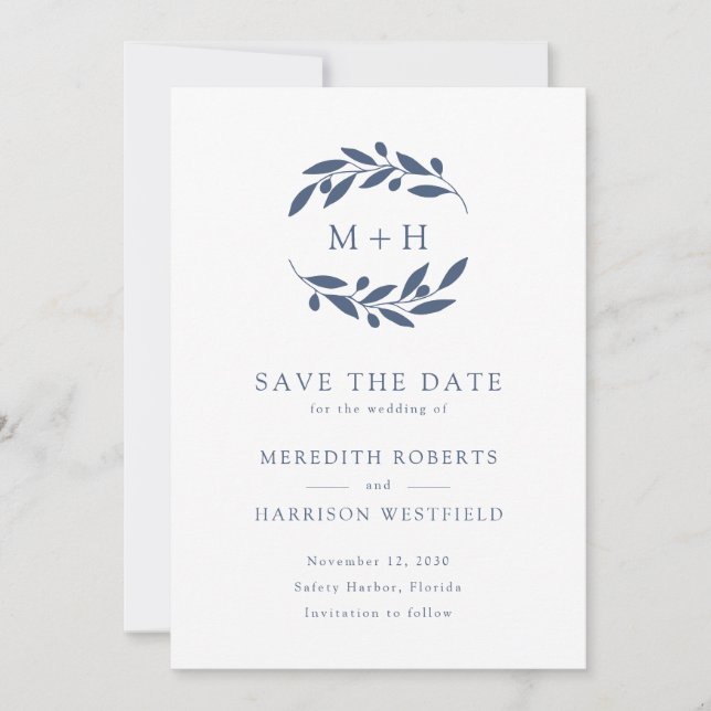 Save The Date Ardoise Bleu Olive Branche Monogramme Mariage de c (Devant)