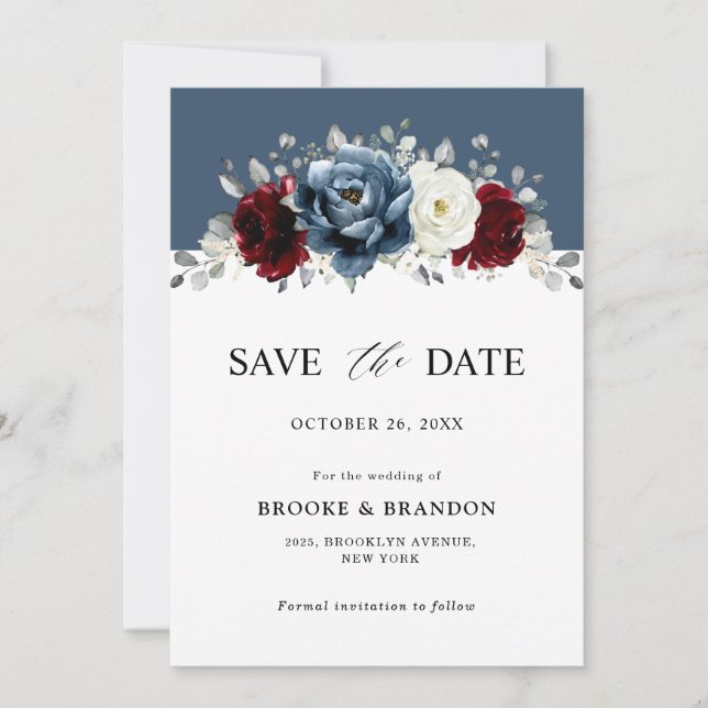 Save The Date Ardoise Burgundy Blanc Ivory Floral Mariage Sa (Devant)