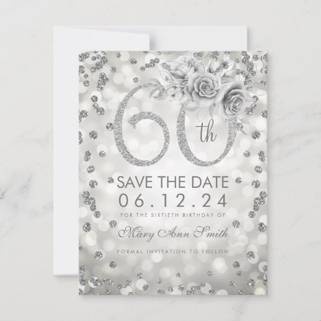 Save The Date Argent 60e anniversaire lumières de glam Enregistr (Devant)