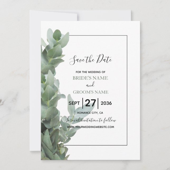 Save The Date Argent Dollar Eucalyptus Mariage Enregistrer La Da (Devant)