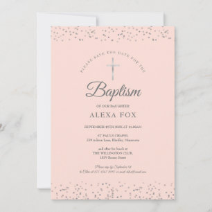 Save The Date Argent Stardust Baptême Christening Blush Pink