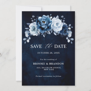 Save The Date Arlequin Bleu Poussiéreux Nuit Floral Botanique Ma