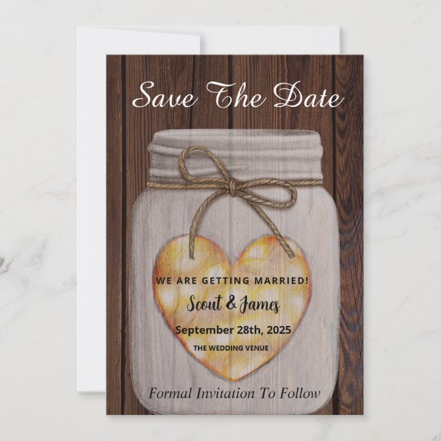 Save The Date Arrière - plan en bois avec Coeur Mason Jar (Devant)