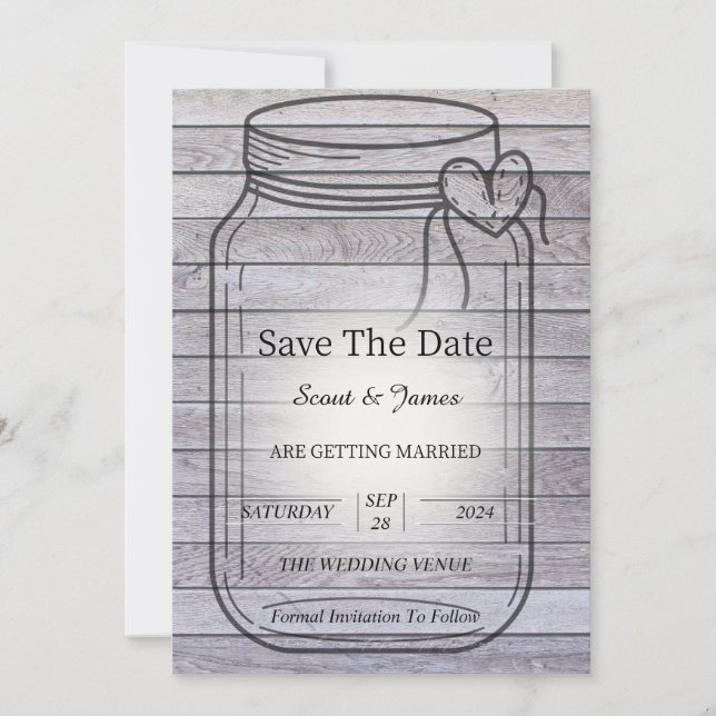 Save The Date Arrière - plan en bois clair avec coeur Mason Jar (Devant)