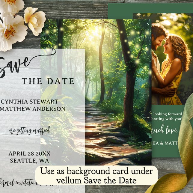 Save The Date Arrière - plan forestier enchanté Enregistrer la c (Enchanted forest Save the Date card featuring a sunlit path in a forest with sparkling fairy lights)