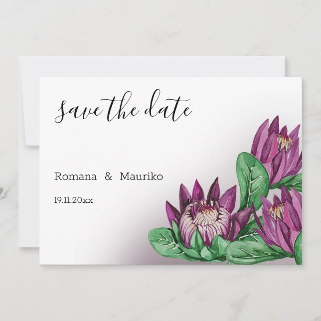 Save The Date Art aquarelle de la protéa roi Deep Purple (Devant)