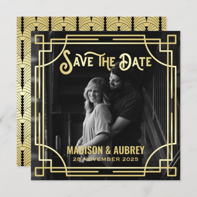 Save The Date Art Déco Ajouter votre photo Elegant Gold Enregist (Devant / Derrière)