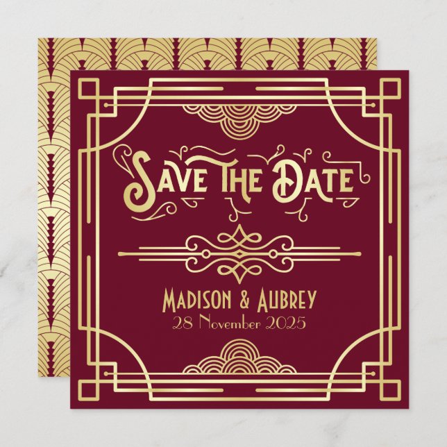Save The Date Art Déco Enregistrer la date Gold Burgundy Great G (Devant / Derrière)