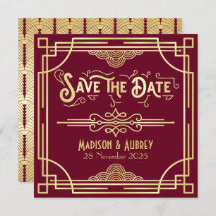 Save The Date Art Déco Enregistrer la date Gold Burgundy Great G