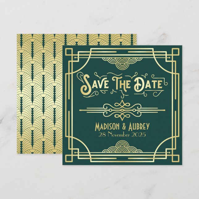 Save The Date Art Déco Mariage Elegant Gold Green (Devant / Derrière)