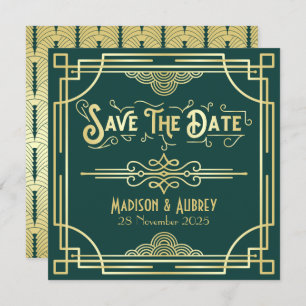 Save The Date Art Déco Mariage Elegant Gold Green