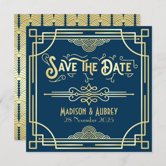 Save The Date Art Déco Mariage Elegant Or Bleu Grand Gatsby (Devant / Derrière)