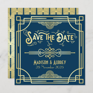 Save The Date Art Déco Mariage Elegant Or Bleu Grand Gatsby